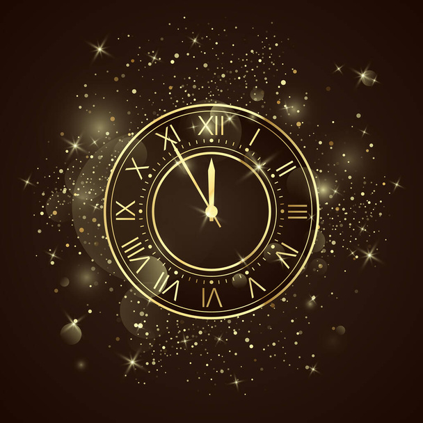 Golden clock dial with roman numbers. Five minutes to twelve holiday countdown. New Year night with glitters and sparkles. Vector - Vektor, obrázek
