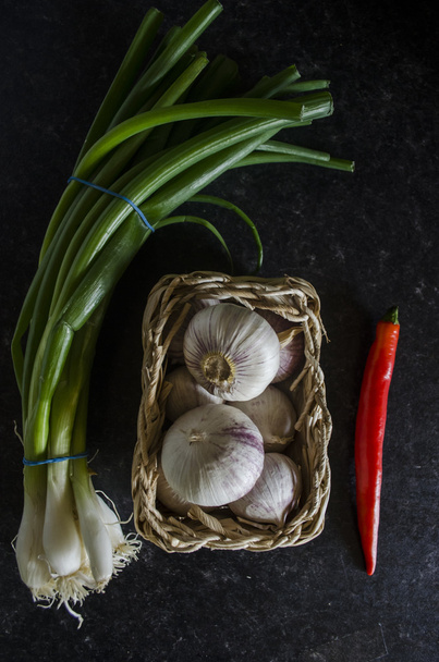 Scallions, garlic and chilli - Photo, Image