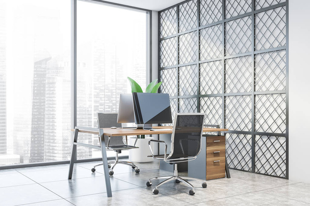 Panoramic white and metal office workplace - Foto, imagen