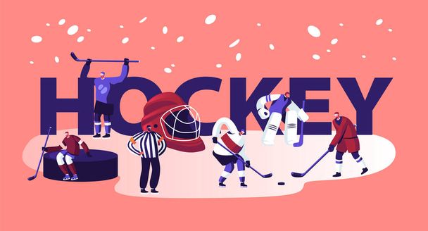 Concurso de Hockey Concepto Torneo. Hombres en uniforme deportivo con palos practicando en juego de pista de hielo
 - Vector, Imagen