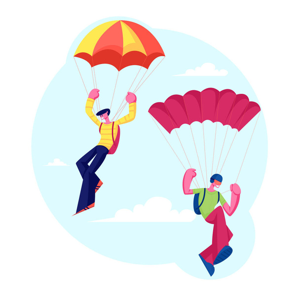 Skydiver Characters Jumping with Parachute Soaring in Sky. Skydiving Parachuting Sport. Couple of Parachutists Flying - Vector, Image