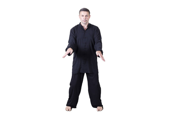 Adult athlete performs formal goju-ryu exercises. - Zdjęcie, obraz