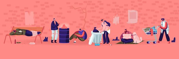Mężczyzna i żeńska żebraczka Postacie noszące szorstkie odzież podnieść śmieci na ulicy do koszyka, bezdomny - Wektor, obraz