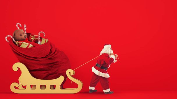 Santa Claus arrastra un gran saco lleno de regalos con un trineo dorado sobre un fondo rojo
 - Foto, Imagen
