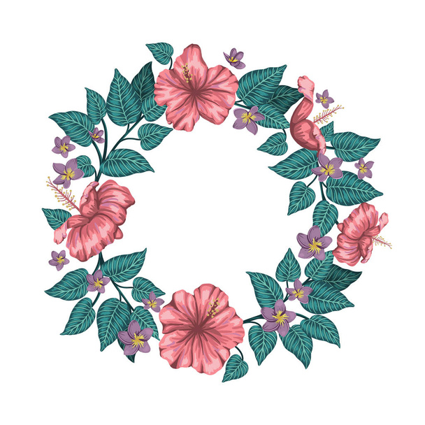 Vector wreath of green tropical leaves with plumeria and hibiscu - Vektor, Bild