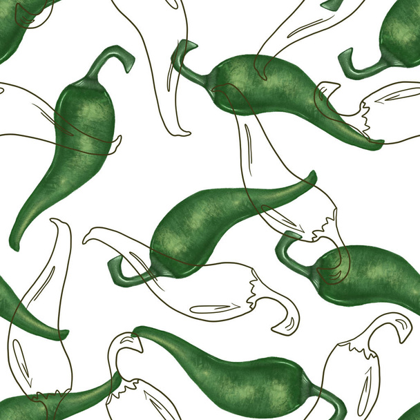 Płynny wzór z zieloną papryką, styl graficzny, rysunek dłoni na białym tle - Zdjęcie, obraz