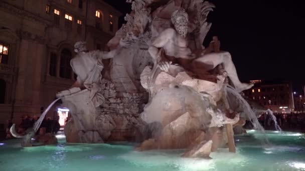Details of the fountain of the four Rivers with Egyptian obelisk by night, Piazza Navona, Rome, Italy. - Footage, Video
