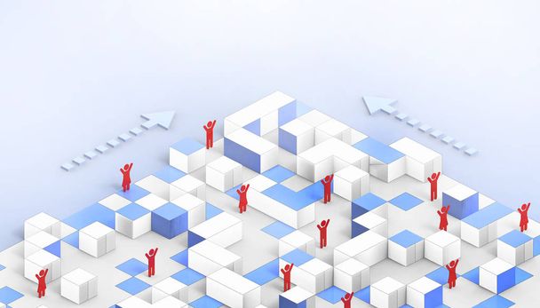 Liderlik İlhamı ve Kızıl iş adamı sembolü yaratıcı fikir Maze Maze Modeli 'ni mavi arka planda minimal ve modern olarak tanımla - 3D - Fotoğraf, Görsel