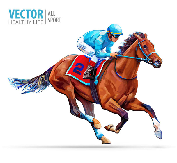 Jockey on racing horse. Sport. Champion. Hippodrome. Racetrack. Equestrian. Derby. Speed. Isolated on white background. Vector illustration - Vector, Image