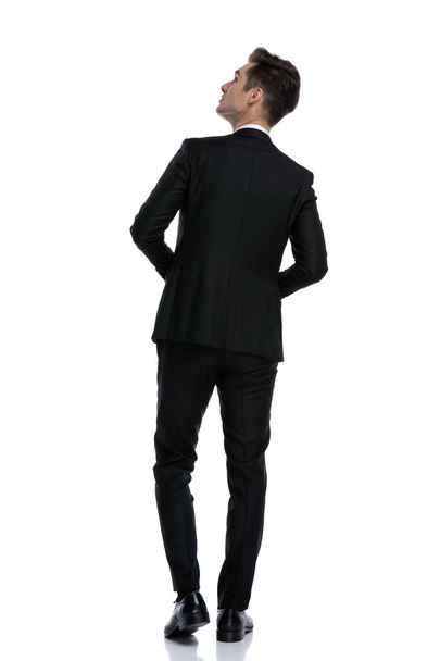 back view of young elegant man walking and looking up - Photo, image