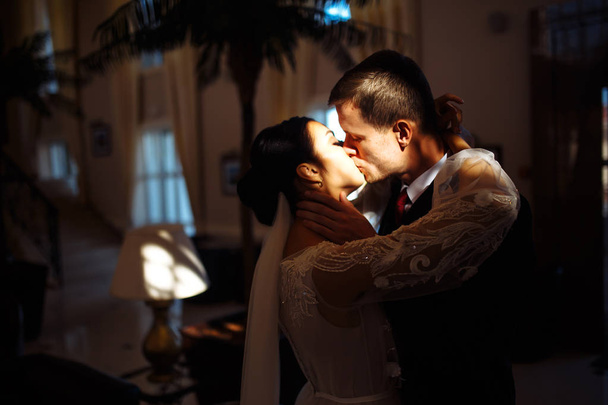 Young married couple in darkness. Newlyweds enjoy each other tenderly. Intimate atmosphere. Luxury elegant wedding couple kissing and embracing. Romantic moment. Together. Wedding. - Photo, Image