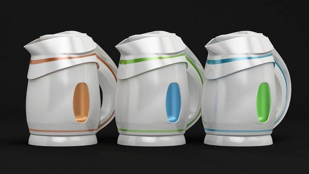 Stylish plastic electric kettle isolated on black background. 3d illustration, 3d rendering. - Foto, afbeelding