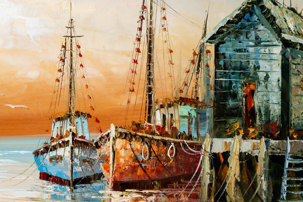 Colorful Fragment of Fisherman Boats and Shacks in Harbor Oil Pa - Photo, Image