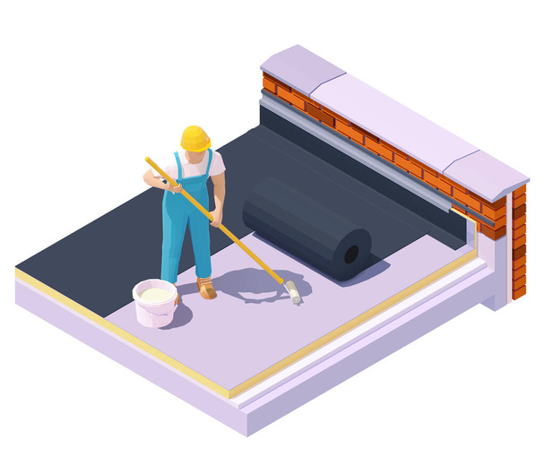 Векторный изометрический работник при плоской изоляции крыши
 - Вектор,изображение