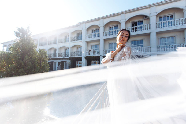 Beautiful sexy bride in white dress posing  near the pool. Happy bride  in  luxurious wedding dress posing in the sunshine. Wind blows her veil. Wedding day. Marriage. Fashion bride. - 写真・画像