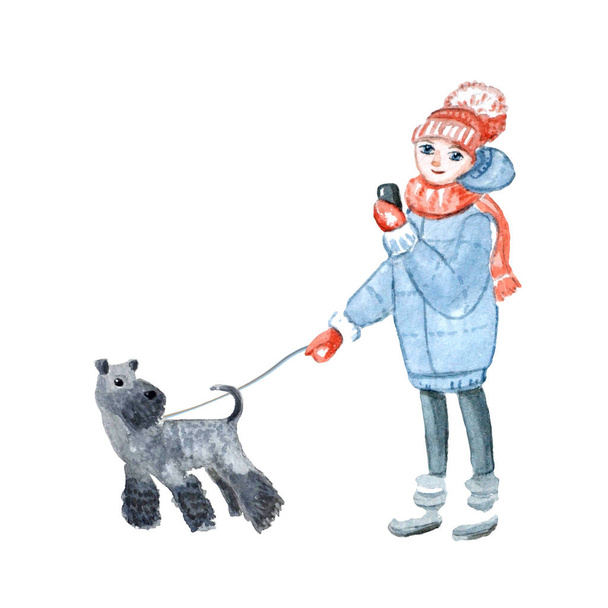 Дівчина в зимовому одязі з телефоном в руках гуляє з
  - Фото, зображення