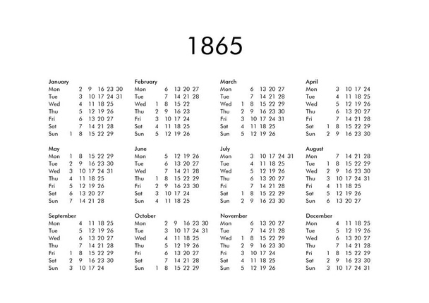 Calendario del año 1865
 - Foto, imagen