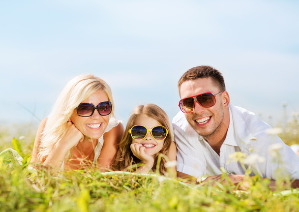 青い空と緑の草との幸せな家族 - 写真・画像