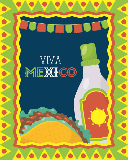 viva mexico oslava s taco a tequila láhev - Vektor, obrázek