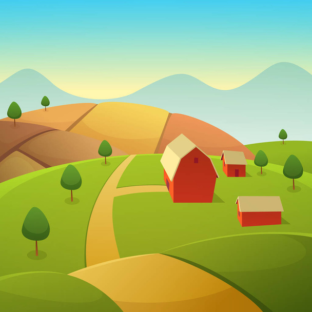 Paesaggio di campagna di montagna con fienile fattoria rossa, illustrazione vettoriale cartone animato
. - Vettoriali, immagini