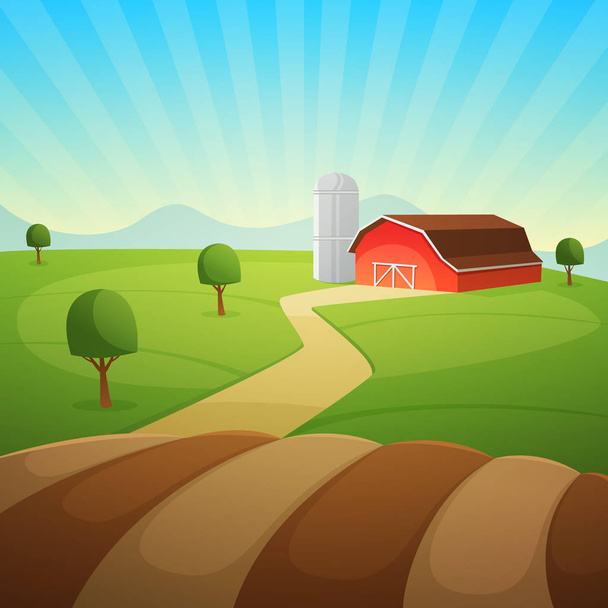 Red farm barn, countryside landscape, cartoon vector illustration. - Vector, Image