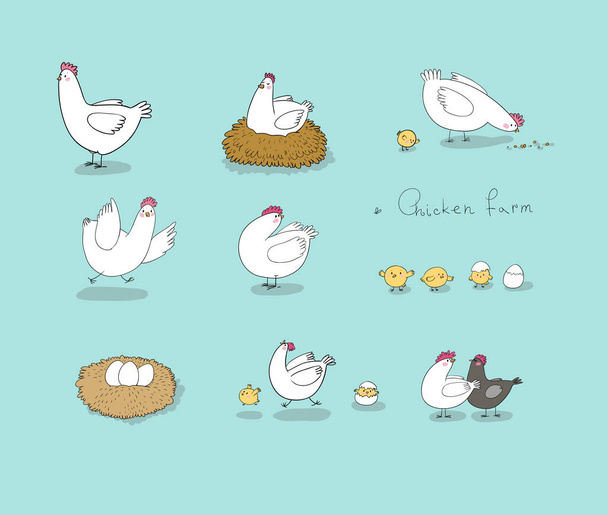 Set with cartoon cute chicken, nest and eggs. Farm animals - Vektör, Görsel