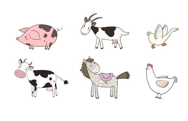 Tuotantoeläimet. Söpö sarjakuva hevonen, lehmä ja vuohi, lammas ja hanhi, kana ja sika
. - Vektori, kuva