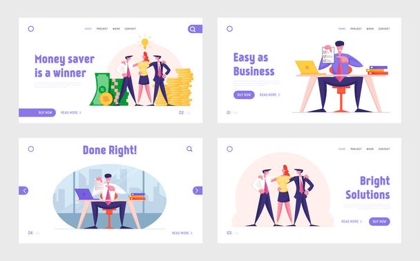 Dream Team and Business Contract Website Landing Page Set. Businesspeople Teamwork and Earning Money, Lawyer Presenting Paper Document for Signing Web Page Banner. Cartoon Flat Vector Illustration - Vector, Image