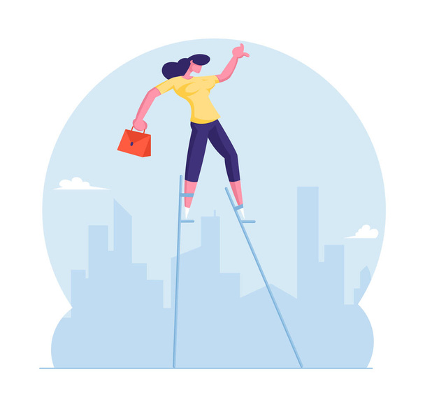 Risky Business Solution Concept. Businesswoman with Briefcase Balancing on Stilts at City Skyline. Creative Solution Advancement Risk and Challenge in Corporate Life. Cartoon Flat Vector Illustration - Vector, Image