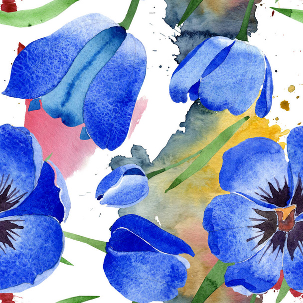 Blue tulip floral botanical flowers. Watercolor background illustration set. Seamless background pattern. - Фото, изображение