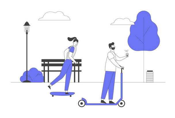 City Life Eco Transport. Mujer joven conduciendo monopatín, hombre montando scooter con café en el parque público al aire libre Actividad habitante Verano Estilo de vida en Megápolis Dibujos animados plana Vector Ilustración Línea Arte
 - Vector, imagen