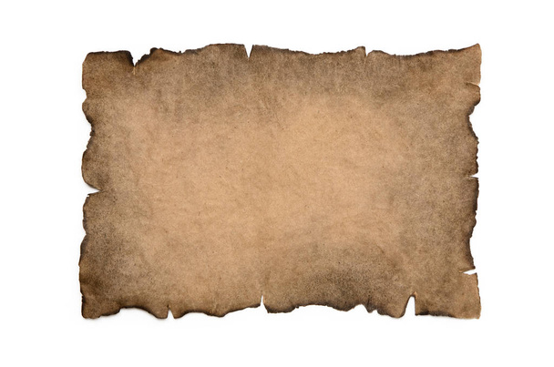 Arkusz spalonego, klasycznego papieru odizolowanego na białym tle. - Zdjęcie, obraz