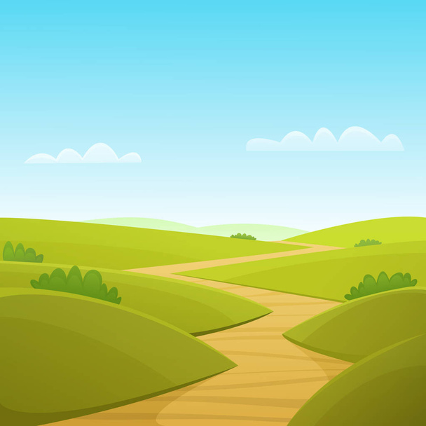 The cartoon illustration of the summer landscape with country road. - Vector, Image