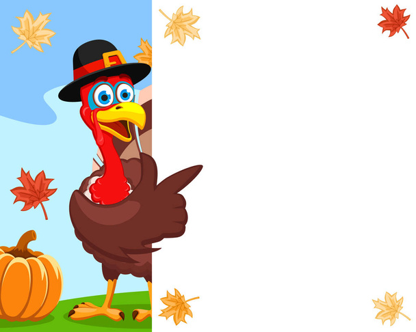 La Turquie dans un chapeau pointe une aile vers une feuille blanche, un endroit pour le texte. Jour de Thanksgiving
. - Vecteur, image