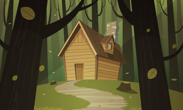 Cartoon illustration of the summer forest landscape with wooden cabin. - Vector, Image