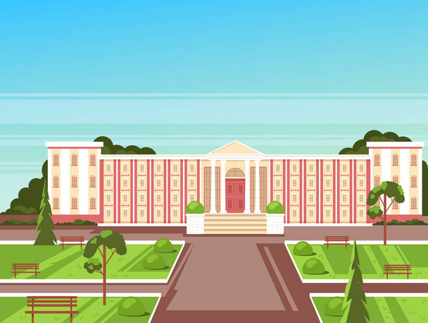 Edificio universitario panorama paisaje. Concepto educativo. ilustración de dibujos animados de diseño gráfico plano vectorial
 - Vector, Imagen