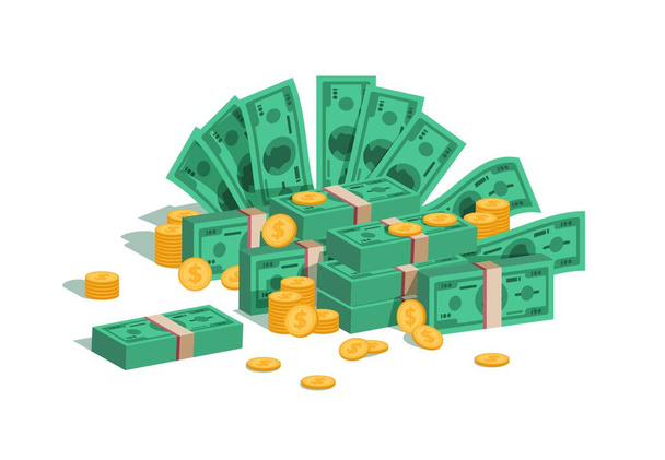 Λεφτά. Δέσμη με ιπτάμενα δολάρια και κυλιόμενα χρυσά νομίσματα, στοίβα από πράσινα τραπεζογραμμάτια και κέρματα. Έννοια χρηματοδότησης επιχειρηματικού τομέα - Διάνυσμα, εικόνα