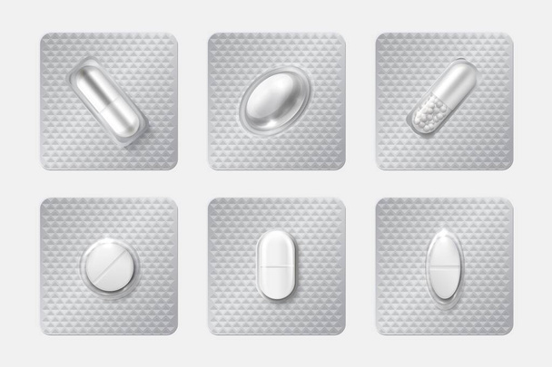 Realistic pill blisters set. Medicine capsule and pills in blister pack. 3D drugs and vitamins isolated vector mockup - Vector, Image