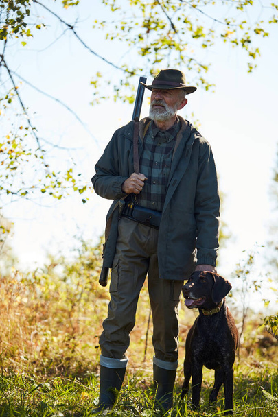 Hunter with rifle and labrador in forest - Φωτογραφία, εικόνα