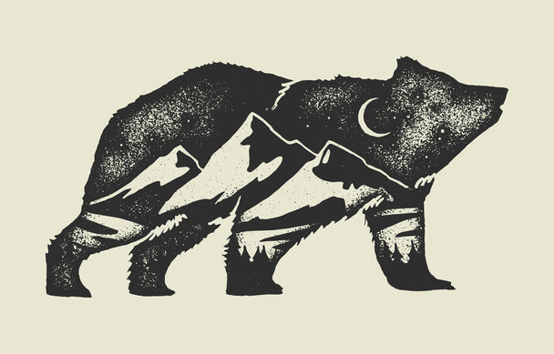 Bear with mountains in it - double exposure tattoo style vintage grunge illustration - Vector, Image