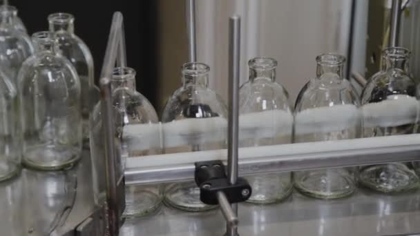 Glass sterile medicine bottles on a conveyor belt for filling with contents. - Footage, Video