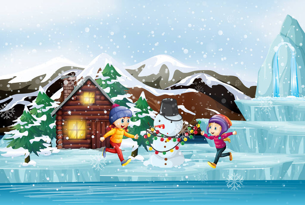 Christmas scene with two kids and snowman - Vector, afbeelding