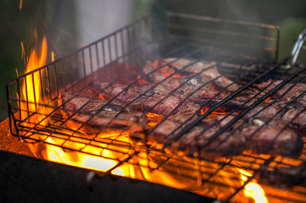 Chuletas de cordero se asan en una parrilla sobre un fuego abierto
 - Foto, Imagen