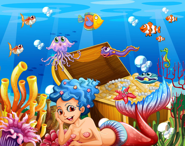 Underwater scene with beautiful mermaid - Vector, Image