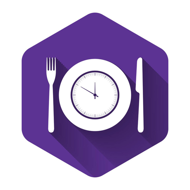 White Plate with clock, fork and knife icon isolated with long shadow. Lunch time. Eating, nutrition regime, meal time and diet concept. Purple hexagon button. Vector Illustration - Vector, Image