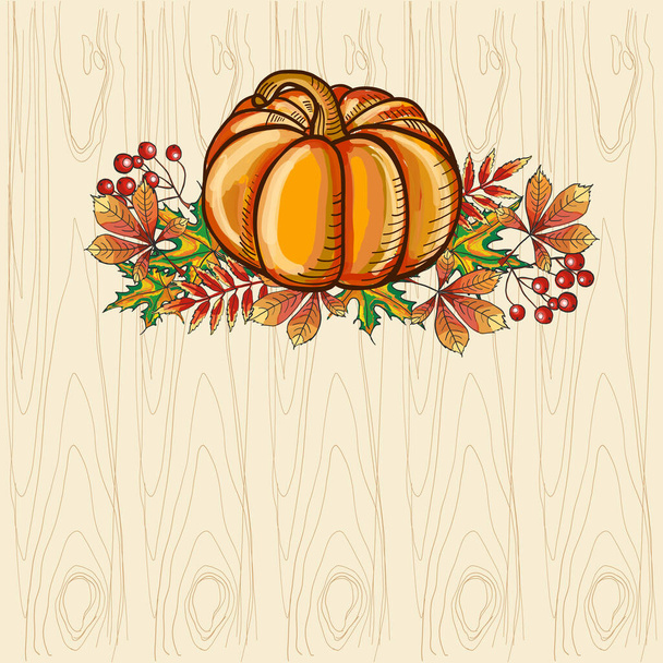 Ripe and beautiful pumpkin on bright autumn leaves. Thanksgiving Day. - Vector, Image