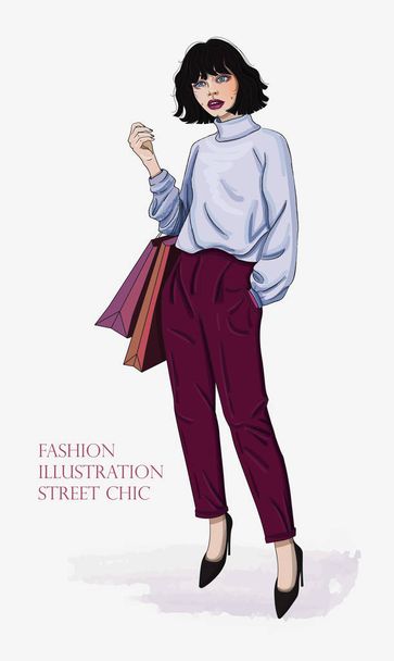 Stijlvolle brunette in een bordeaux broek. Modeillustratie. Een vrouw in een wollen trui en schoenen met papieren tassen. - Vector, afbeelding
