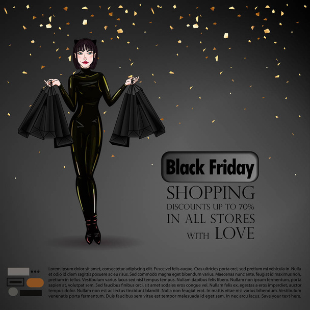 sexy Frau im schwarzen Latex-Anzug mit Katzenohren hält Papiertüten. Black Friday Hintergrund, für Rabatte oder Verkäufe in Geschäften. - Vektor, Bild