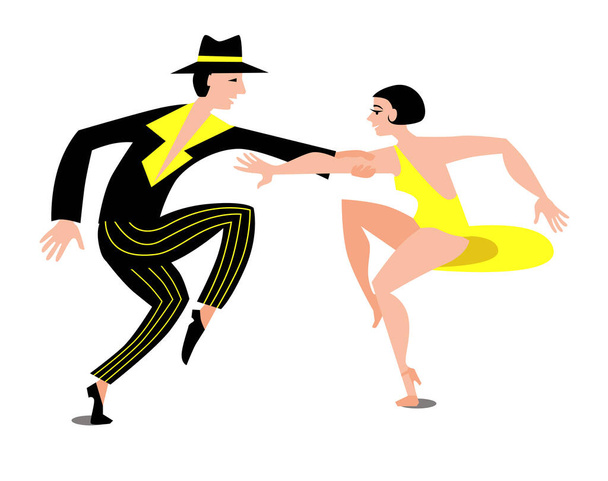 schlanke Paare, die lateinamerikanischen Swingtanz tanzen. das Mädchen im gelben kurzen Kleid. ein Mann in schwarz gestreifter Hose und Hemd. - Vektor, Bild
