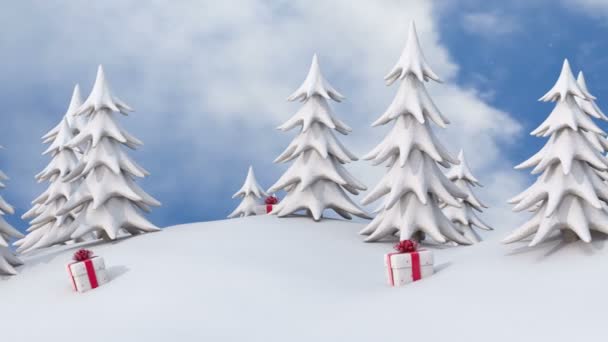 Χειμερινά Χριστούγεννα φόντο, χιονισμένα πεύκα και κουτιά δώρων Χριστουγέννων με χιόνι που πέφτει - Πλάνα, βίντεο